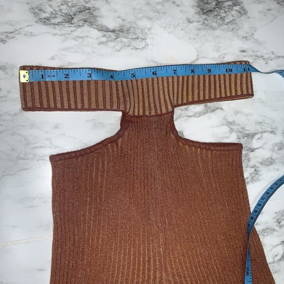 LES FRIDAY Ribbed Knit Waist Cut Out Bell Bottom Slit Pants Brown XS Stretch - Picture 6 of 10